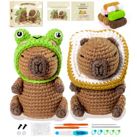 Fortuning's JDS Capybara Crochet Kit for Beginners Animal Knitting Kit Animal Crochet Capybara Kits Crochet Animals with Step-by-Step Video, Crochets Starter Kit with Hats Beginners Crochet Kit 2pcs