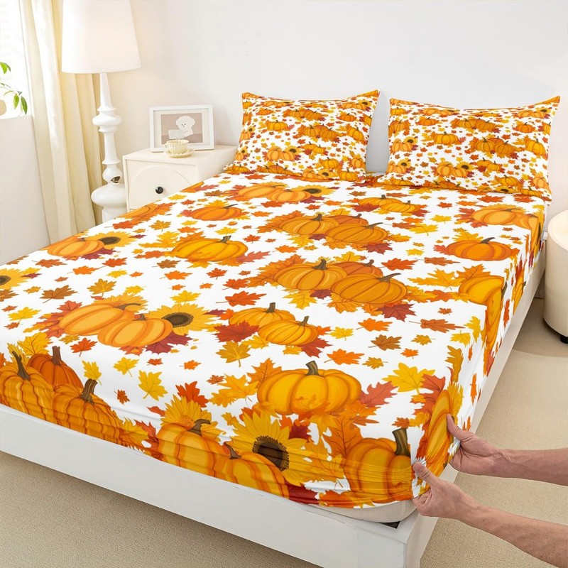 Fall Pumpkin Bed Sheets Queen Autumn Maple Leaves Bedding Set