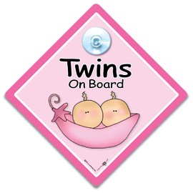 TWINS On Board Sign Pink Peapod, Baby On Board Sign, Grandchild On Board, Suction Cup Car Window Sign Designed to Let Other Road Users Twins are in The Car, 14 cm x 14cm