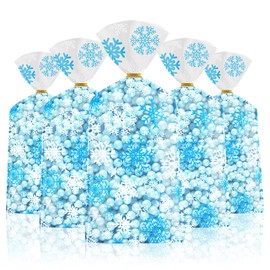 100 Pcs Winter Snowflake Treat Bags - Christmas Gift Bags, Blue White Plastic Snowflakes Cello Candy Goodie Cookie Snack Cellophane Bag with Twist Ties for Xmas Holiday Winter Wonderland Party Favors