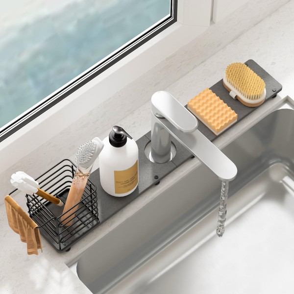 YIGII Faucet Mat for Kitchen Sink with Brush Holder, 23.6