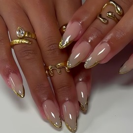 Press on Nails Almond - French Tip Fake Nails with Gold Line Design - Medium Fasle Nails Press ons - for Women 24 Pcs