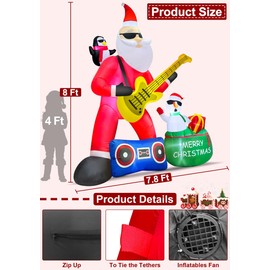 AMENON 8 Ft by 7.8 Ft Giant Guitar Santa Inflatables Christmas Outdoor Decorations with Gift Bag Snowman & Penguin Inflatable 7 LED Lights 7 Stakes 2 Sandbags Blow up Yard Decor for Xmas Party Outdoor