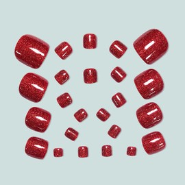 Red Press on Toenails Short Square Fake Toe Nails Red Glitter False Toenails Glossy Solid Color Acrylic Toe Nail Full Cover Stick on Toenail Artificial for Women Valentines Manicure 24Pcs