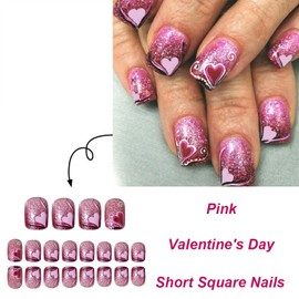 Vopintpy Short Square Valentine's Day Press on Nails Pink Love Heart Glitter Fake Nails with Glue on Nails Romantic Valentines Acrylic Nails Glossy Reusable Stick on Nails for Women DIY Manicure