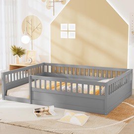 DNYN Full Size Montessori Floor Bed for Kids Bedroom,Wooden Bedframe w/Fence & Easy Assemble & Space Saving Design & No Box Spring Needed, Gray