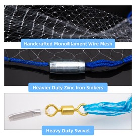 Handmade American Cast Net, BalanZze Casting Fishing Net for Bait Trap Fish, Throw Nets with Zinc Sinker Weights for Freshwater & Salt Water (3/4/5/6/8/9/10 Ft, 1/2 Inch Mesh Size)