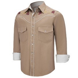 PEARL SNAP Men's Embroidered Western Cowboy Peael Snap Long Sleeve Dress Two Pockets Shirts (H2 3# Khaki M)