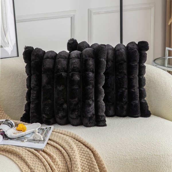 Neelvin Black Faux Fur Cozy Soft Plaid Decorative Throw Pillow