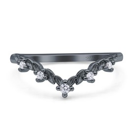 OMRANII Black Tone, Cubic Zirconia Size-7 Stunning V Shaped Half Eternity Leaf Style Matching Wedding Band Engagement Ring 925 Sterling Silver
