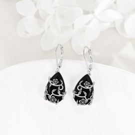 YFN Vintage Flower Earrings Sterling Silver Black Tourmaline Dangle Drop Earrings Crystal Healing Jewelry Spiritual Protection Gifts for Women Girls