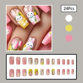 24 Pcs Easter Coffin Press on Nails - ASABITE Medium Length Fake Nails with Cute Bunny Pattern Designs Spring Floral Nails Acrylic Nail Press Ons Reusable False Nails Easter Coffin Nails for Women