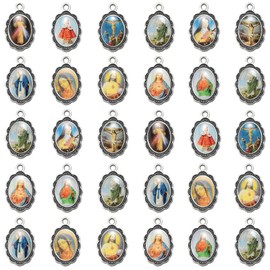 50Pcs Silver Picture Jesus Maria Religion Enamel Medal Charms Alloy Our Lady Rosary Charm Pendant for Diy Jewelry Necklace Bracelet Earrings Making