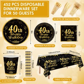 Funnymoom 452 Pcs 40th Birthday Party Decorations Set for Men Women, Black and Gold Happy 40th Birthday Paper Plates Napkins Cups Tablecloth Cutlery Straws for Cheers to 40 Years Anniversary Party