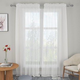 LKTCOBTAC White Sheer Curtains 90 inches Long Sheers Living Room Voile Bedroom Kitchen Basement Linen Textured Window Curtain Panels Drapes Light Filtering Rod Pocket 2 Panels 52"x90"