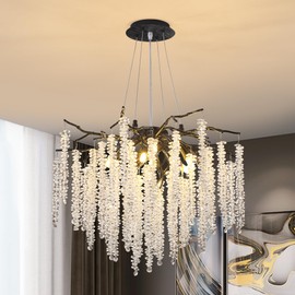 Upfelw Modern Crystal Tree Branch Chandelier, Art Deco Raindrop Indoor Hanging Lighting Fixture for Dining Room Kitchen Island Living Room (Black, D 23.7'')