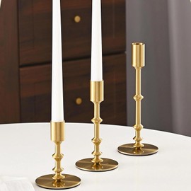 Mofunci Gold Candle Holders, Modern Taper Candle Holders for Table Mantel Dining Wedding Home Decor, Brass Candlestick Holders Set of 3