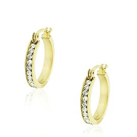 Stainless Steel Yellow Gold-Tone White Clear CZ Classic Round Hoops Earrings, 0.85