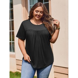 IN'VOLAND Womens Plus Size Tops Tunic Short Sleeve Crew Neck Shirts Casual Soft Blouse 1X-5X Black