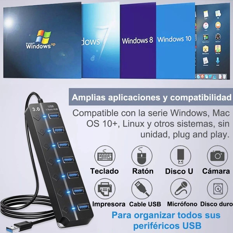 GOMITA Hub 7 Puertos Usb 3.0 Alta Velocidad Pc Laptop