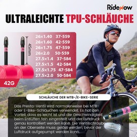 RideNow 42 g TPU Inner Tube Compatible 26 x 1.4-2.0, 27.5 x 1.4-2.0, E Bike/Electric Bicycle/Mountain Bike, Pack of 2, Ultralight Bicycle Inner Tube with Presta Valve 45 mm