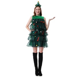 TOONRAIN Christmas Tree Outfits for Women Tulle Christmas Tree Dress Adult Xmas Party Suit with Headband Green XLarge
