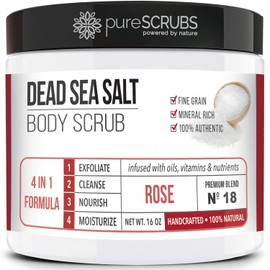 PureSCRUBS - Set de exfoliante corporal orgánico de alta calidad, 16 onzas con rosa para el cuerpo, sal del Mar Muerto impregnada con aceites...      