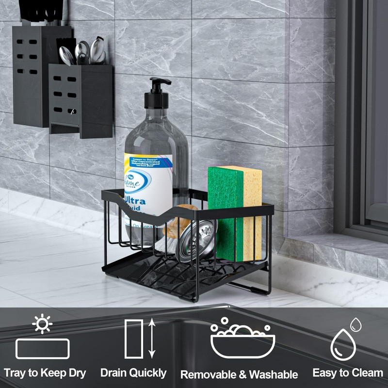 Vanwood Sponge Holder for Kitchen Sink with Auto Draining Tray,