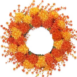 HO2NLE Fall Wreaths for Front Door 20’’Artificial Mums with Eucalyptus Wreaths Fall Door Decorations for Home Porch Outside Autumn Harvest Thanksgiving Wreath for Indoors Wall Decor