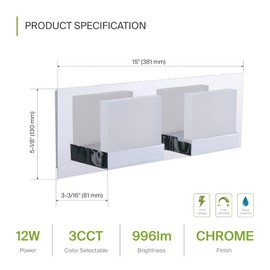 ASD LED 15" Bathroom Vanity Light, Over Mirror Lighting Fixture | 2-Lights, 3CCT, Dimmable, ETL Listed | 12W 650LM 3000-5000K 120V | Linear Bath Acrylic Sconce, Bedroom Wall Lamp | Chrome