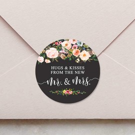 120 x Hugs and Kiesses from the New Mr. and Mrs. Floral Party Wedding Collection Stickers Bridal Shower Party Labels Circle Labels Wedding Favor Labels Envelope Seal - 1.6 inch Wide