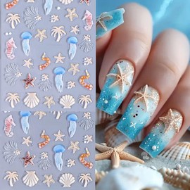 Summer Ocean Theme Nail Art Stickers 5D Embossed Jelly Nail Decals 2PCS Jellyfish Seashells Starfish Summer Nail Design Self-Adhesive Nail Stickers Manicure Supply for Women DIY Nail Art Decorations
