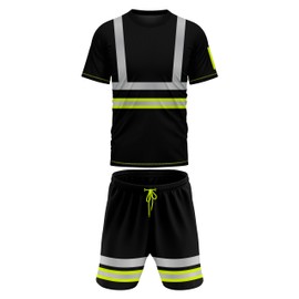 mymixtrendz Mens Reflective Hi Visibility Tracksuit Short Sleeve Elasticated Waist Drwastring Cord Side Pen Pockets Work Wear Saftey Tshirt Shorts Set 2 PCS