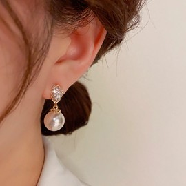 Cimenexe Bohemian Crystal Tear Pearl Earrings Gold Water Drop CZ Stud Earrings Round Pearl Dangle Earrings Tiny Rhinestone Pearl Earrings Jewellery for Women, Zinc, No Gemstone