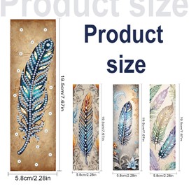 JISHSHAY 4 PCS Diamond Art Bookmarks Diamond Painting Book Marks Gem Art Bookmarkers Gem Painting Book Markers Mosaic Kits for Adults Special Shaped Drills with Crystal Pendants Feather