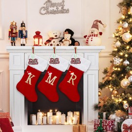 CRSTAFU Initial Christmas Stockings, 20 Inches Family Monogram Xmas Stockings, Super Soft White Plush Cuff with Deluxe Red Velvet Body and Gold Letter(M)