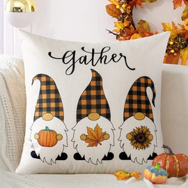 JOTOM Fall Throw Pillow Covers 45x45cm Thanksgiving Plaid Gnome Pumpkin Cushion Cover 18x18 Inch Autumn Maple Leaf Sunflower Outdoor Decorative Pillowcase for Couch Sofa Farmhouse Decor (Check Dwarfs)