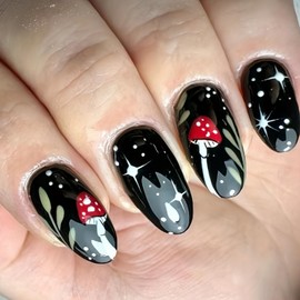 Black Press on Nails Medium Almond SWEKKE Fake Nails Cute False Nails with Mushroom Stars Designs Full Cover Glossy Glue on Nail Acrylic Nail for Women Girls 24Pcs