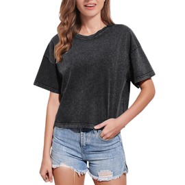 KEEVICI Cropped T Shirts for Women Vintage Baggy Solid Color Basic Tees Acid Wash Cotton Tshirt Black Grunge Crop Tops (Black,L,Large)