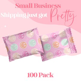 Pretty Package Store 10x13 Designer Poly Mailer 100 Pack Heavy Duty Waterproof Self Seal Shipping Bags for Small Business Large Mailing Envelopes Bulk Tear Resistant Cute Packaging Smiley Face