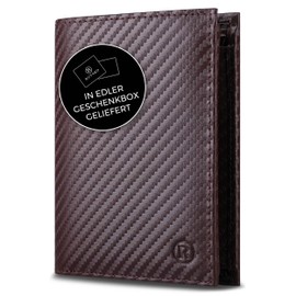 RUTAKO Men's Leather Wallet with RFID Protection, Large Wallet with Coin Compartment, 12 Compartments, Genuine Leather Wallet for Men, Wallet, Carbon brown, Portrait