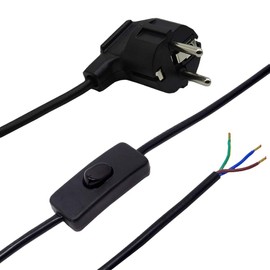 2 m Cable Black with Earthing Contact Plug and Cord Switch Connection Cable Power Cable Hose Line 3 x 0.75 mm² 250 V with Angled Plug and Switch On/Off
