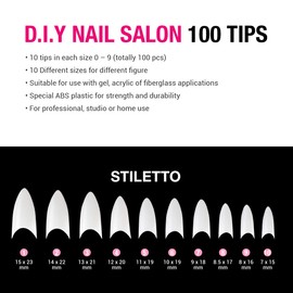 Instant Glam D.I.Y Nail Salon 500 Tips Acrylic Nails Tips 10sizes (Stiletto, Clear)