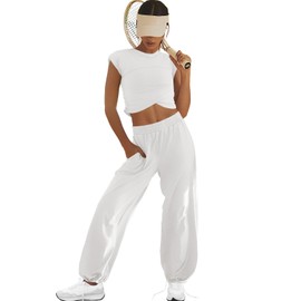 LAMISSCHE Womens Loungewear Set 2 Piece Outfits Sets Cropped Tops and Wide Leg Pants with Pockets Tracksuit(White,S)