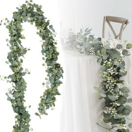Parthan Eucalyptus Decoration, 180 cm Eucalyptus Garland, Green Garland for Wedding and Garden Decoration, White Flower Eucalyptus Decoration, Fir Green Garland, Garland Fir, Simulated Eucalyptus Tube