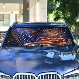 Car Windshield Sun Shade, American Flag Firework Colorful Windshield Sunshades Sun Visor Protector Foldable Blocks UV Rays