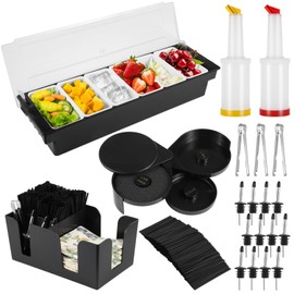 Bar Garnish Tray with Lid for Bar, 6-Grid Fruit Container, 3-Tier Bar Rimmers, 12 Stainless Steel Classic Bottle Pourers, 2 Plastic Juice Pour Bottles 1000 Count Cocktail Stirrers 3 Serving Tongs Set