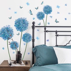 JUPSK Wall Stickers, Floral Wall Stickers Wall Art Stickers with Blue Dandelion Removable Bedroom Decor Nursery Wall Decor for Living Room for Girls
