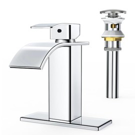 RUACQ Waterfall Bathroom Faucet,Single Handle Bathroom Sink Faucets for 1 or 3 Hole, Stainless Steel Washbasin Mixer Tap with Deck,Pop-up Drain and Supply Hoses (Chrome)