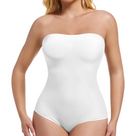 ONEW Women's Strapless Bandeau Shapewear Body Cami Bodysuit Top with Removable Straps Tummy Control Bodice Body Waist Trainer Body Shaper, #1 White, XL